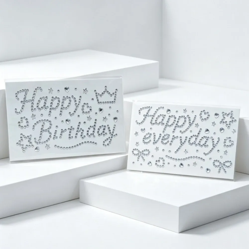 3D Happy Birthday Rhinestone Stickers English Letter Silver Color Gift Wrapping Stickers Self-Adhesive Love Heart Star Pattern