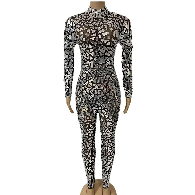 

Rhinestone New Women Sexy Silver Mirror Mesh Jumpsuit Dance Costume Birthday Performance Nightclub Dancer Costume