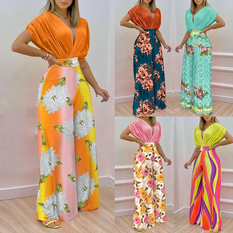 

Women's 2024 Summer New Instagram Style V-Neck Printed Wide Leg Pants Fashion Casual Set