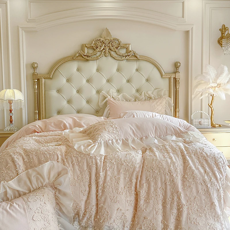 

Romantic Floral Lace Embroidered Ruffles Princess Wedding Bedding Set 100% Cotton Duvet Cover Bed Sheet/Fitted Sheet Pillowcases