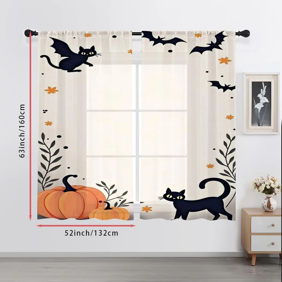 2PCS Digital Print Sheer Curtain, Cute Black Cat Bat Pumpkin Halloween Spooky Window Drapes for Living Room Bedroom Home Decor - view 4
