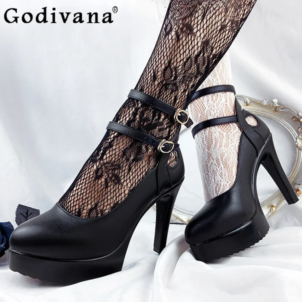 

Thick-soled Stilettos Black Lolita Women Single Shoes Pointed Buckle Waterproof Vintage Party Heels