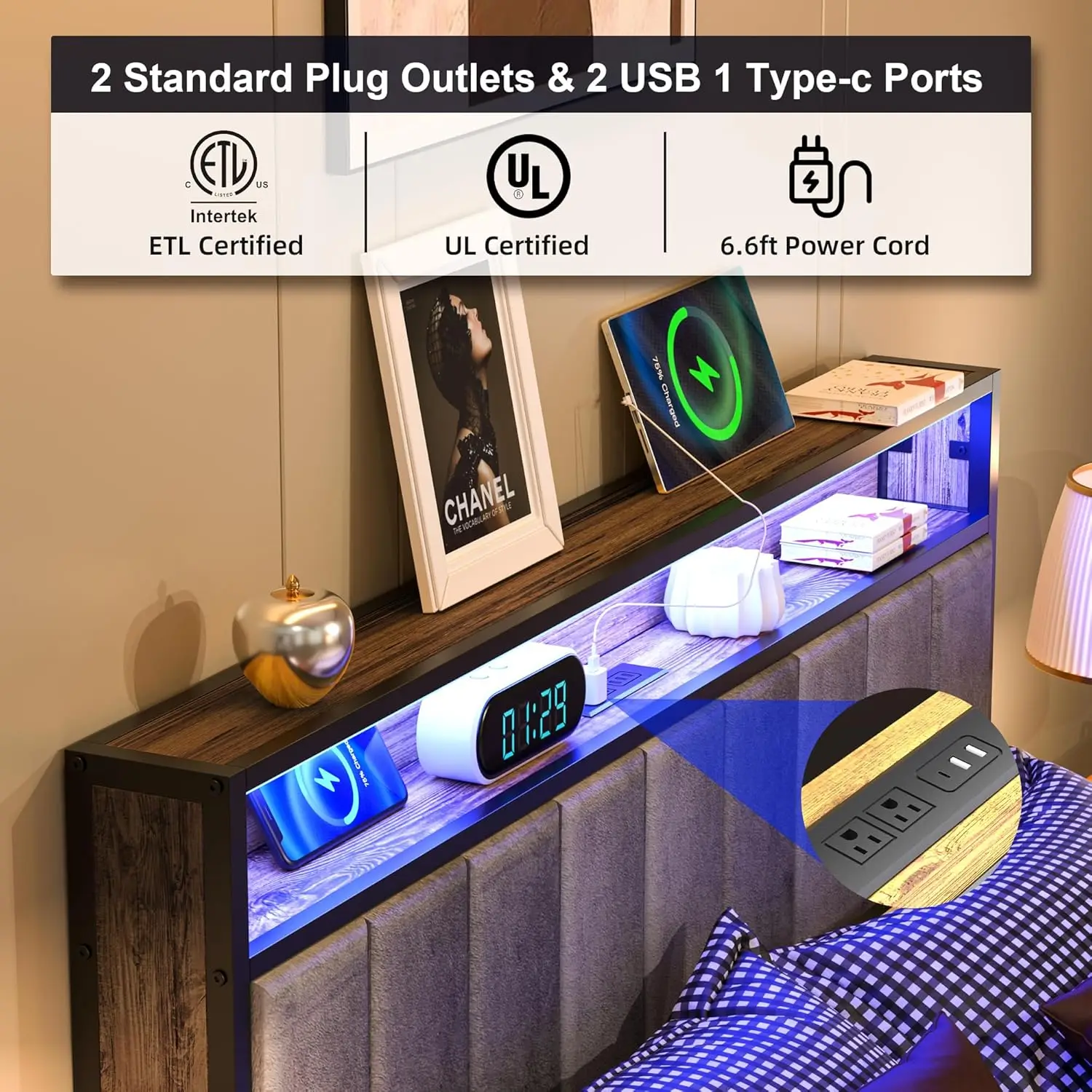 Cama Plataforma de Metal com Armazenamento e Cabeceira de Luz LED, Twin Size, 1 Tipo C e 2 Estação de Carregamento USB