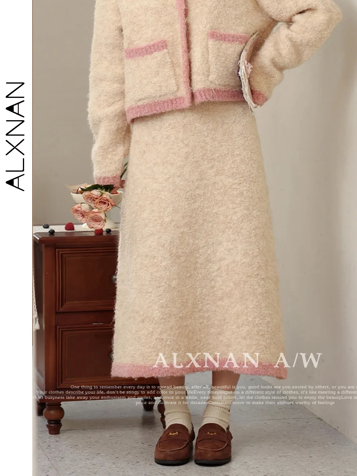 

ALXNAN Юбка средней длины, шерстяная осенне-зимняя изящная лоскутная нижняя часть трапециевидной формы, теплые универсальные женские юбки для поездок на работу LXN32803BQ