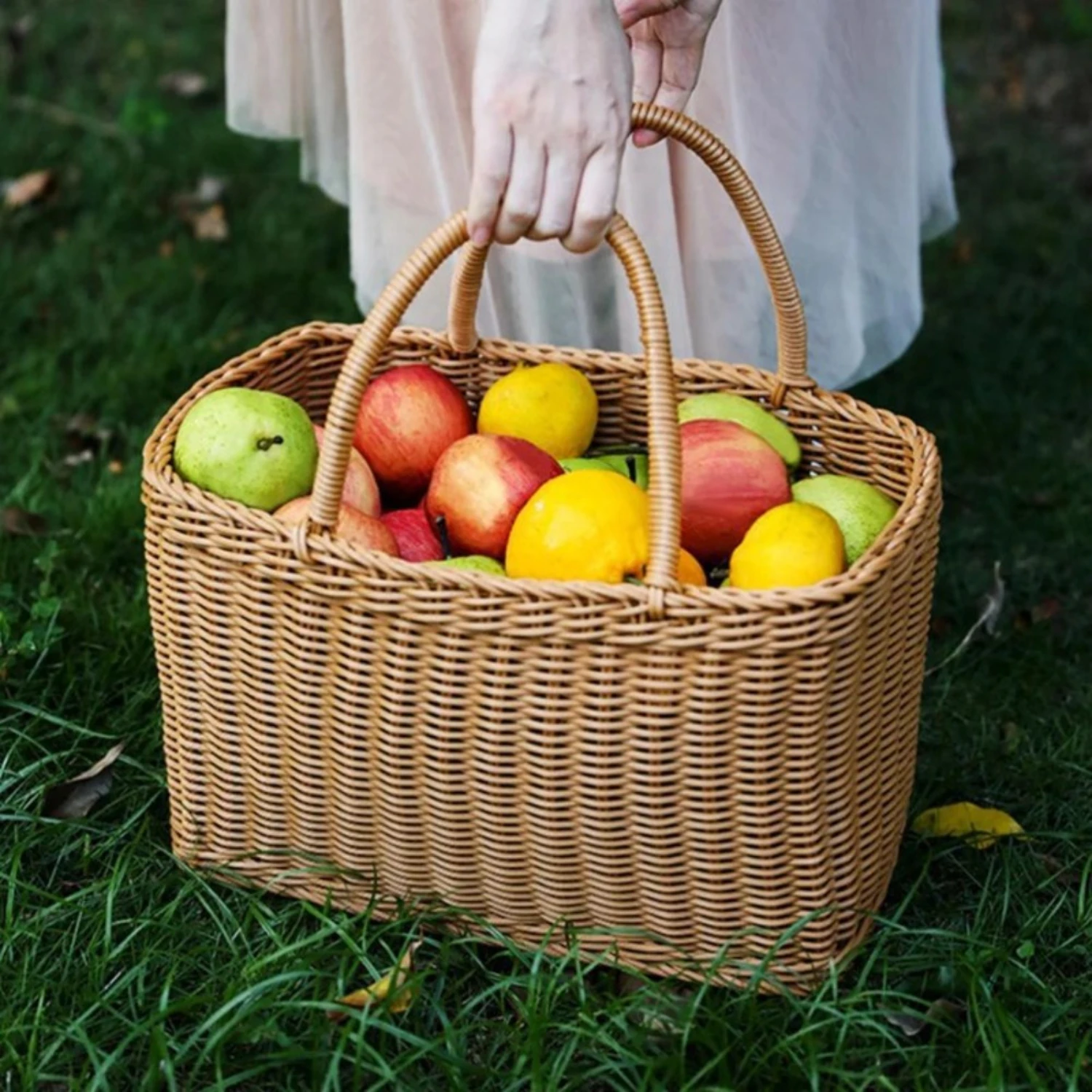 1pc Handcrafted Rattan Woven Basket, Multipurpose  & Picnic Basket With Handles, Rustic Farmhouse Decor, Fruit, Vegetables, Flow