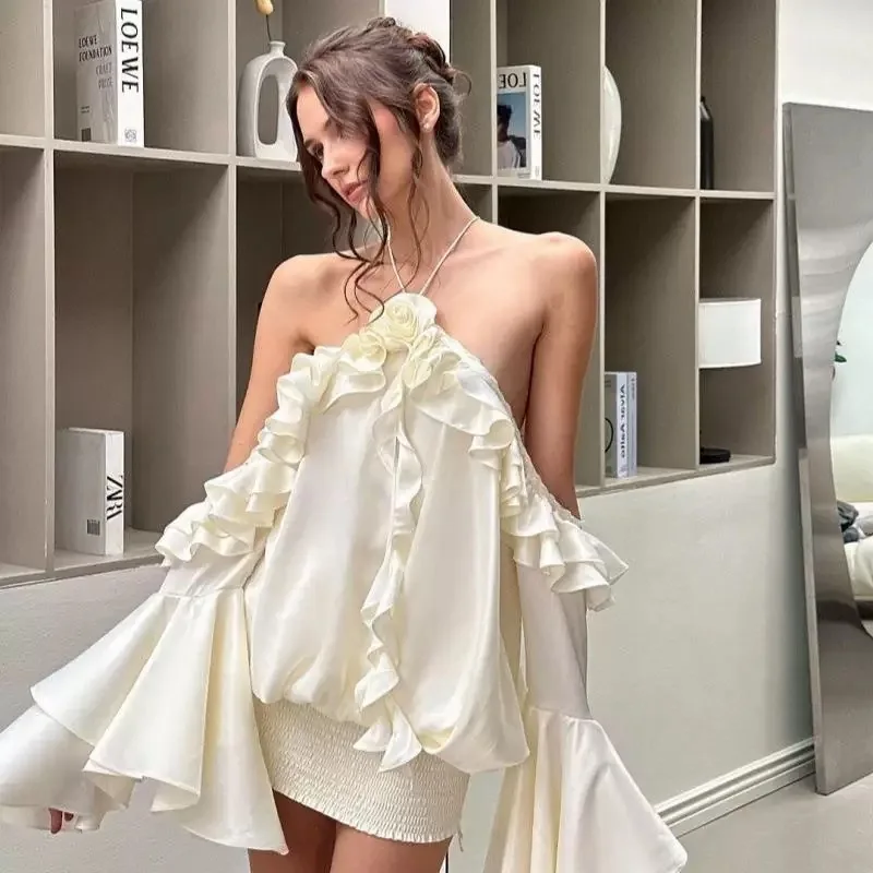 Lady Fairy 3D Flower Halter Ruffle Off Shoulder Long Flare Sleeve Hip Hot Sweet Dress Women Sexi Night Club Dinner Banquet Dress