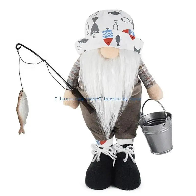 

896A Fisherman Gnome Figurine Indoor Ornament Standing Fishers Swedish Tomtes Desk Ornament Fishing Gnome Doll for Kid Adult