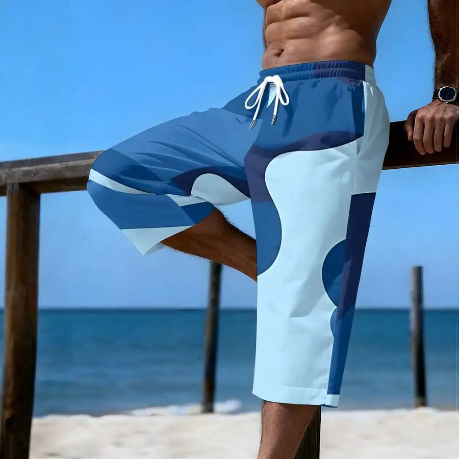 

Mens Mid-Calf Geometric Print Pants In Blue And White, Woven Drawstring Waist, Machine Washable For Beach Or Casual Wear
