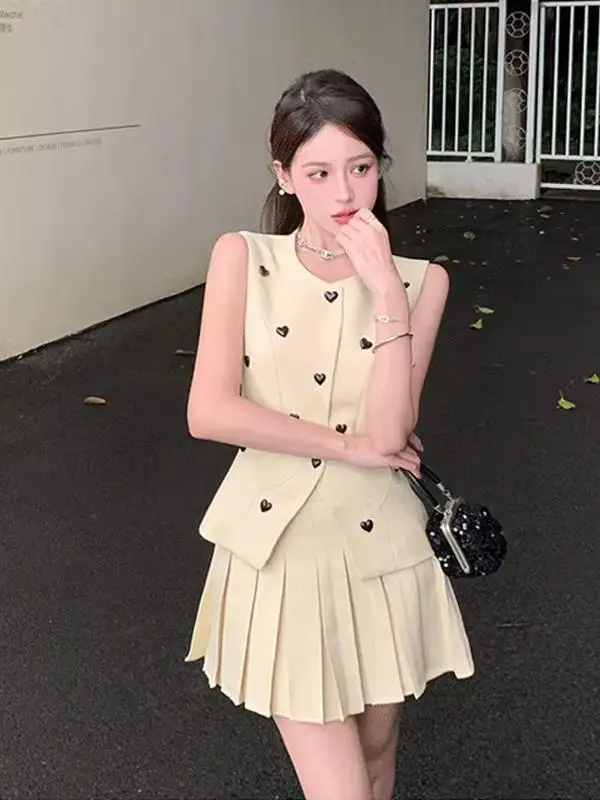 

2025 New Summer Fashionable Elegant Suit Vest Pleated Skirt Sleeveless Two-Piece Set Women's round Neck Student Workwear