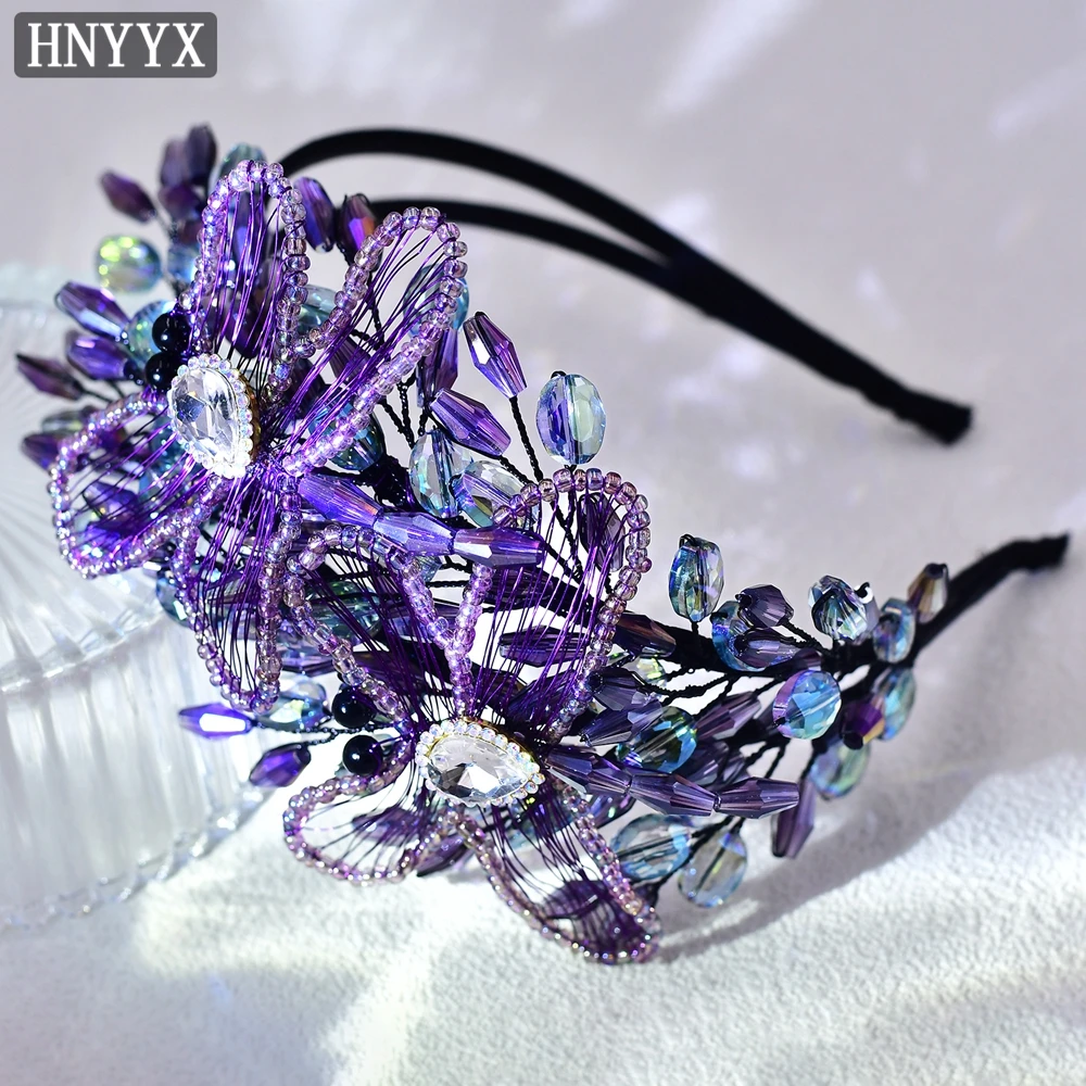 HNYYX Purple Crystal Headband Luxury Beaded Flower Hair Accessories Rhinestone Hairpieces Vintage Headwear Party Hair Tiara A131