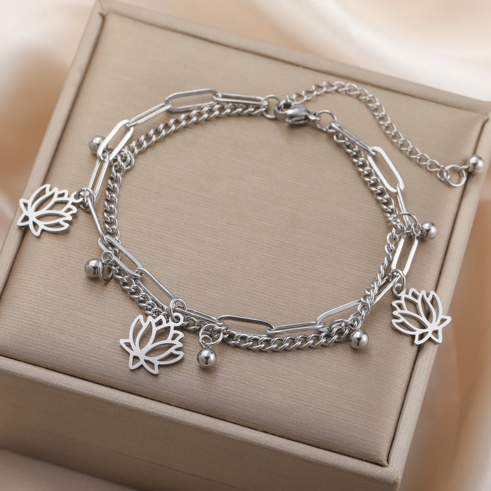 Lucktune Lotus Flower Charms Bracelets Stainless Steel Buddhism Gold Color Chain Bracelet for Women Fashion Boho Jewelry Gift