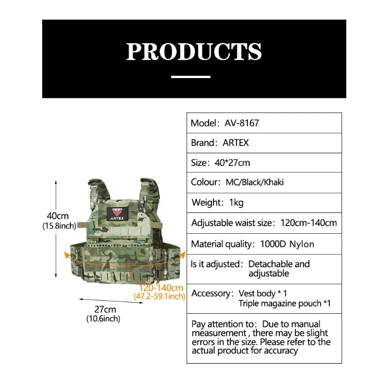 Artex خفيفة الوزن الإفراج السريع القتالية لوحة الناقل 1000D نايلون مول Chaleco Tactico التكتيكية سترة سترة صيد رصاصة سترة