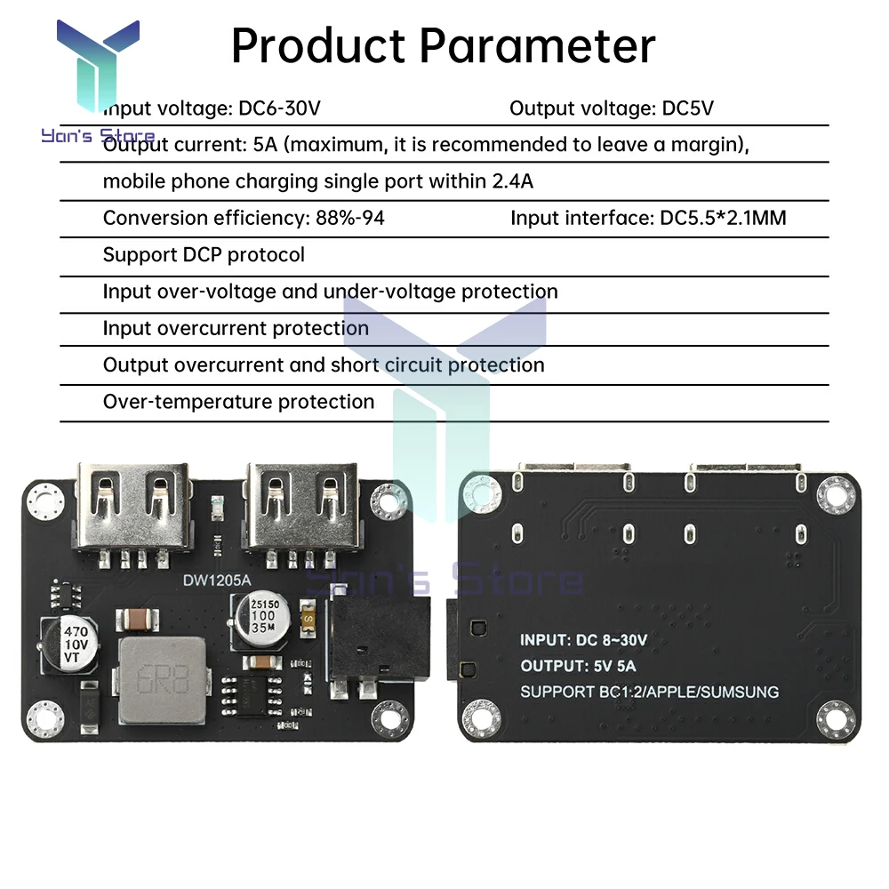 DC-DC 듀얼 USB 출력 고속 충전 스텝 다운 모듈 DC6-30V 9V/12V/24V ~ 5V5A 케이스가있는 휴대 전화 차량용 USB 충전기