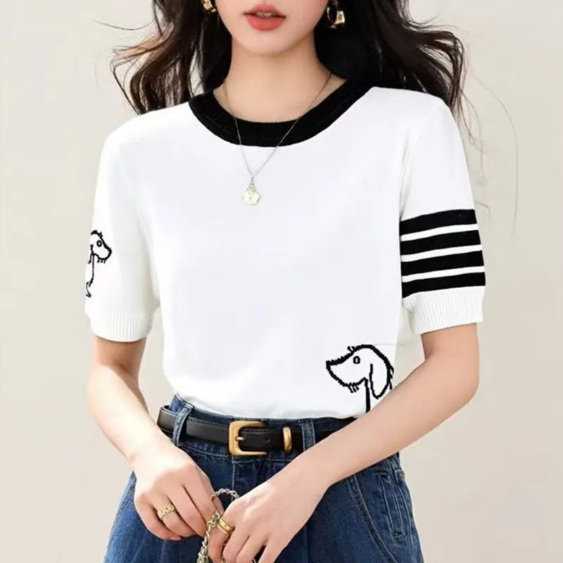 Summer wool women's round neck short sleeved pullover sweater soft  breathable high-quality sweater fashionable solid color top