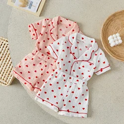 Suefunskry Toddler Baby Girl Pajama Set Lapel Neck Button Down Short Sleeve Tops + Elastic Waist Heart Print Shorts Sleepwear