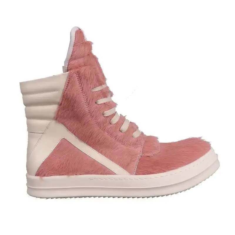 Owen Seak Men High Top Shoes Horsehair Women Platform Sneakers Leather Casual Luxury Lace Up Zip Trendy Designer Pink Boots
