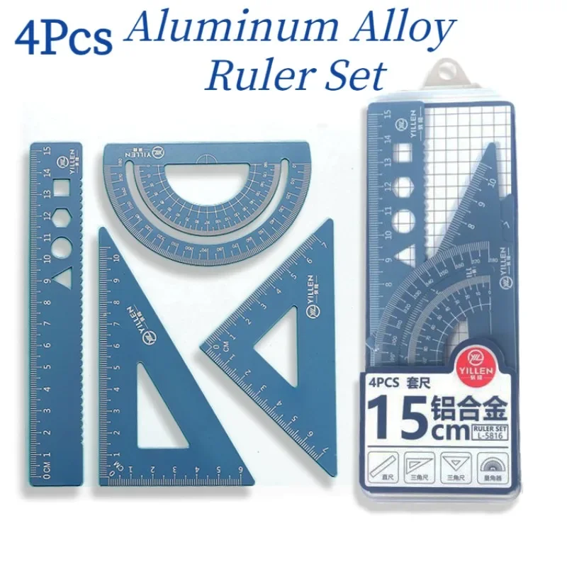 4 قطعة/المجموعة الألومنيوم حاكم مجموعة معدنية البلاستيك لينة الهندسة الرياضيات الرسم البوصلة القرطاسية الحكام الرياضيات للمدرسة