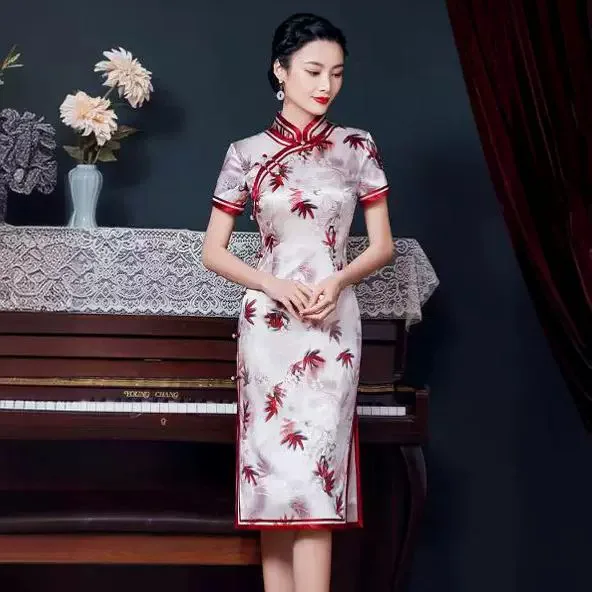 High Quality High-End Real Silk Cheongsam Qipao Summer New Retro National Style Mid-Length Dress