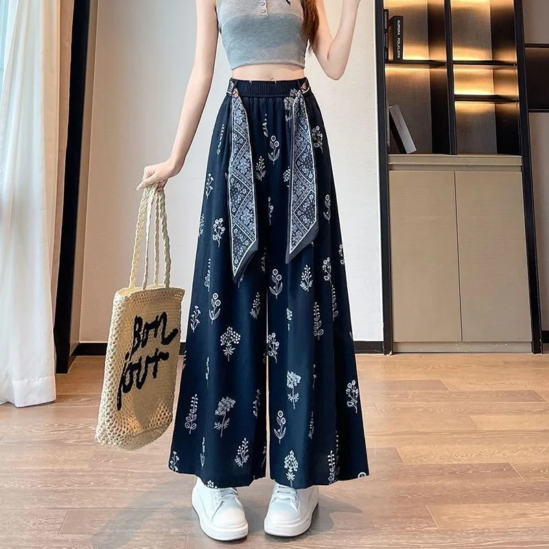 Damen Kurze Hose mit Blumenmuster im Retro-Stil, Schnürung, Slim Fit, Weites Bein, Lockerer Lazy-Style, Modische Freizeithose – Detail 2
