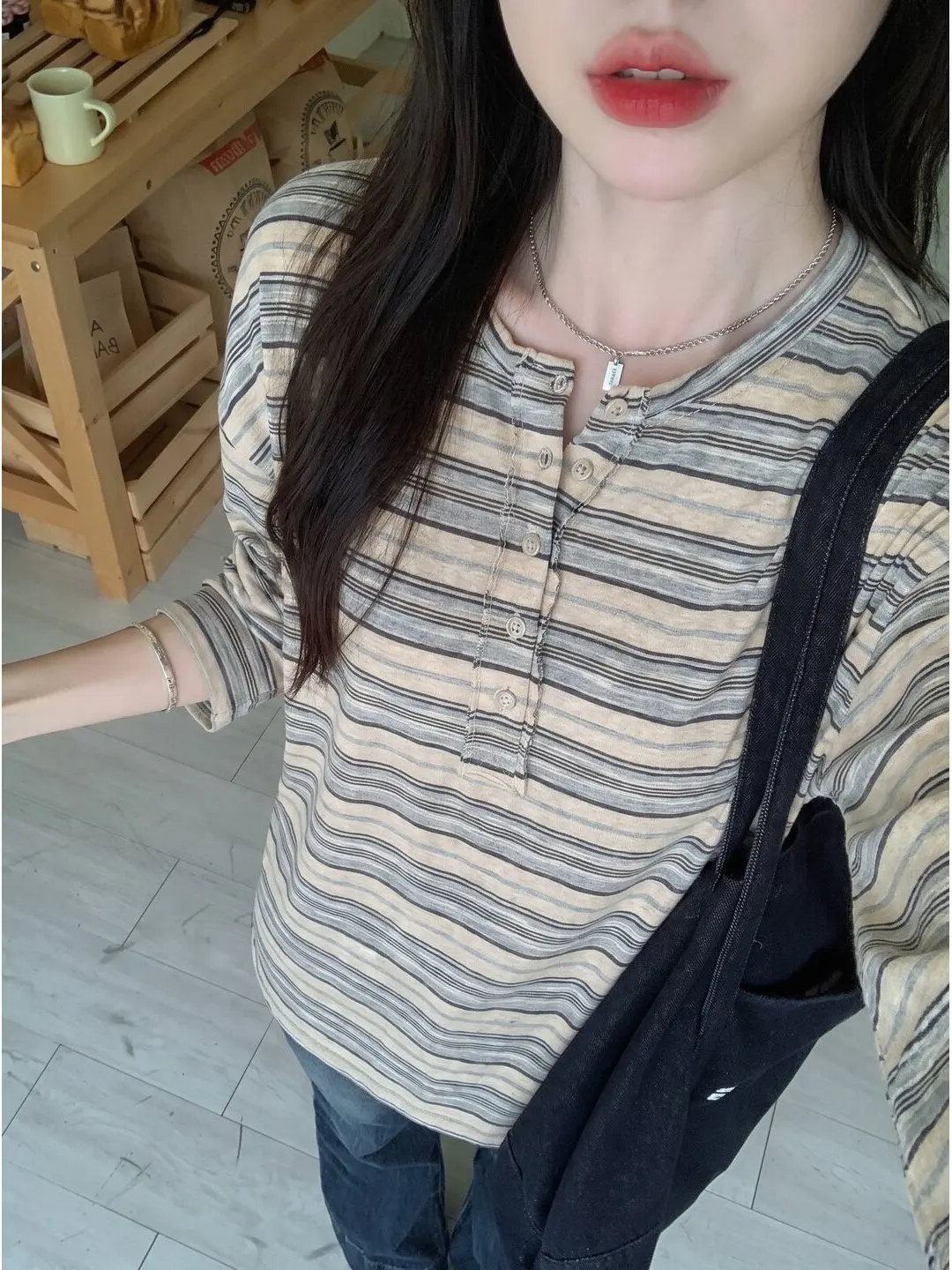 Loose Fit Long Sleeve T-Shirt Women's Early Autumn Casual Stripe Design Henry Collar Roll up Hem High Waist Top