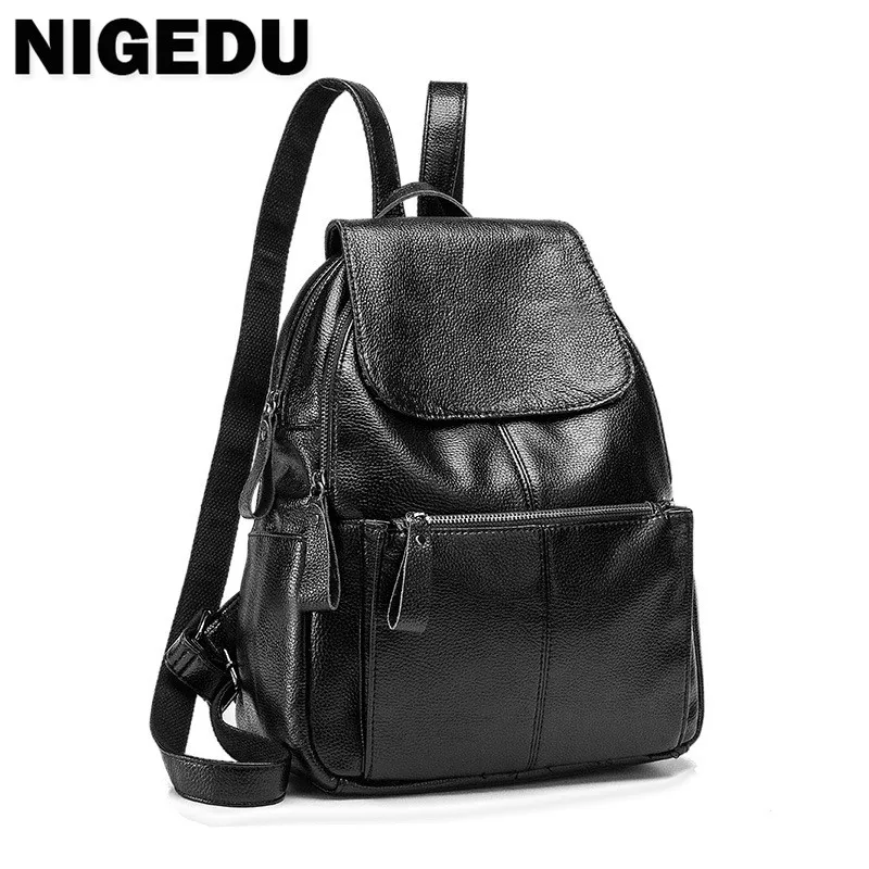 NIGEDU 100% Genuine leather Women Backpack with zippers big capacity black college backpack schoolbag female Travel bag Daypack