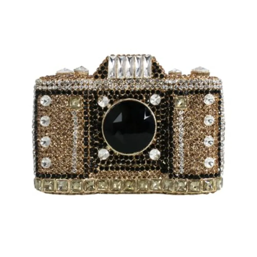 

Evening clutch purse for women: crystal camera-shaped design with sparkly rhinestones, glitter finish, silver-toned metallic ma