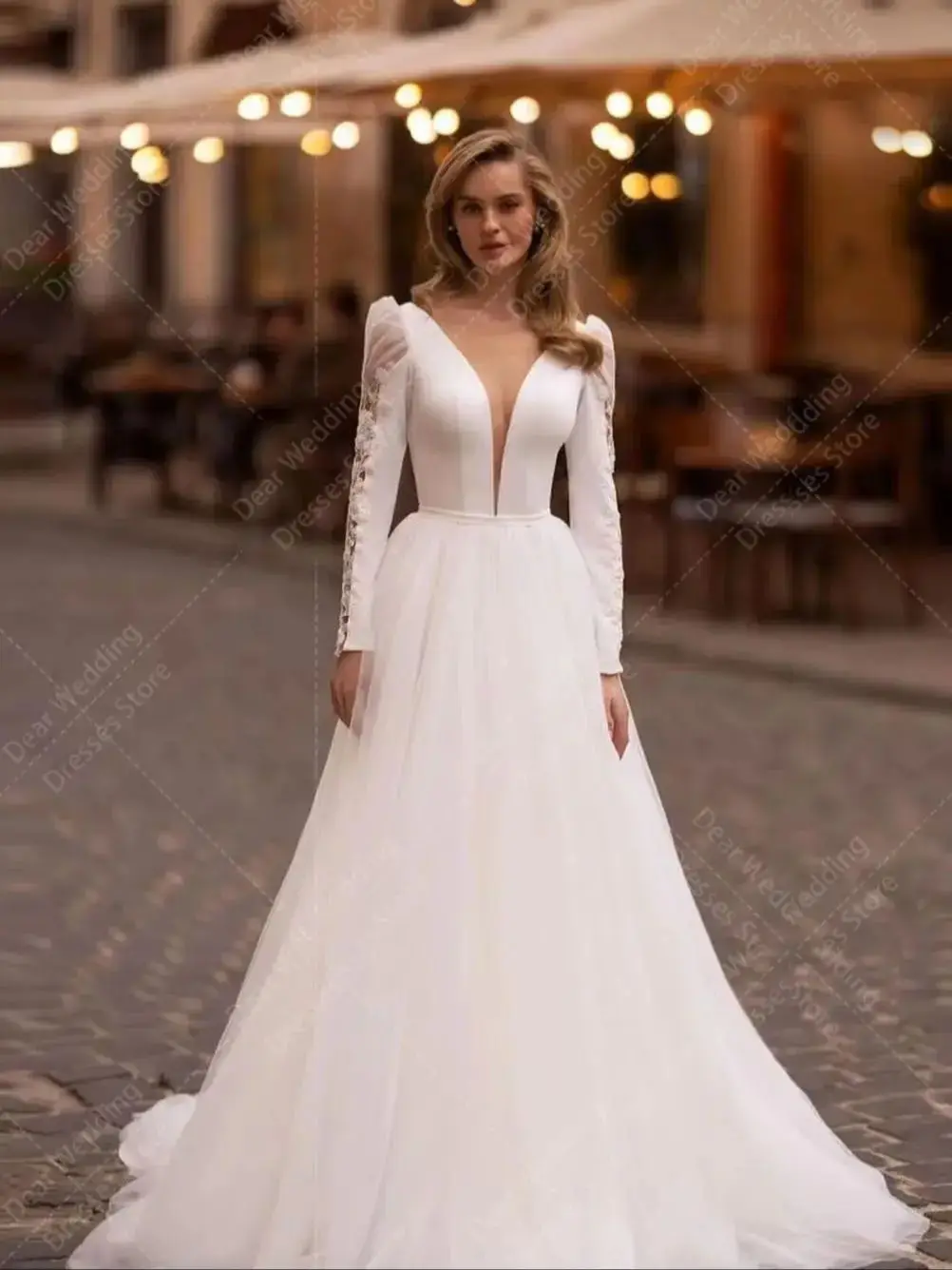 Boho Woman's A Line Wedding Dresses Bohemian Lace Applique Long Sleeve Sexy V Neck Elegant Formal Bride Gowns Vestidos De Novia