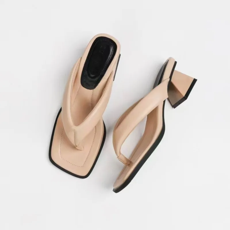 

European Designer Narrow Band Flip Flops Women High Heels Slippers Yellow Leather Thong Sandalias Mujer Chunky Heel Pantuflas