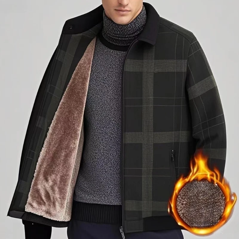 Men's Business Plaid Fleece Jacket 2025 Autumn Winter Stand Collar Jackets Slim Fit Luxury Full Zip Up Coats Male Outerwear Coat