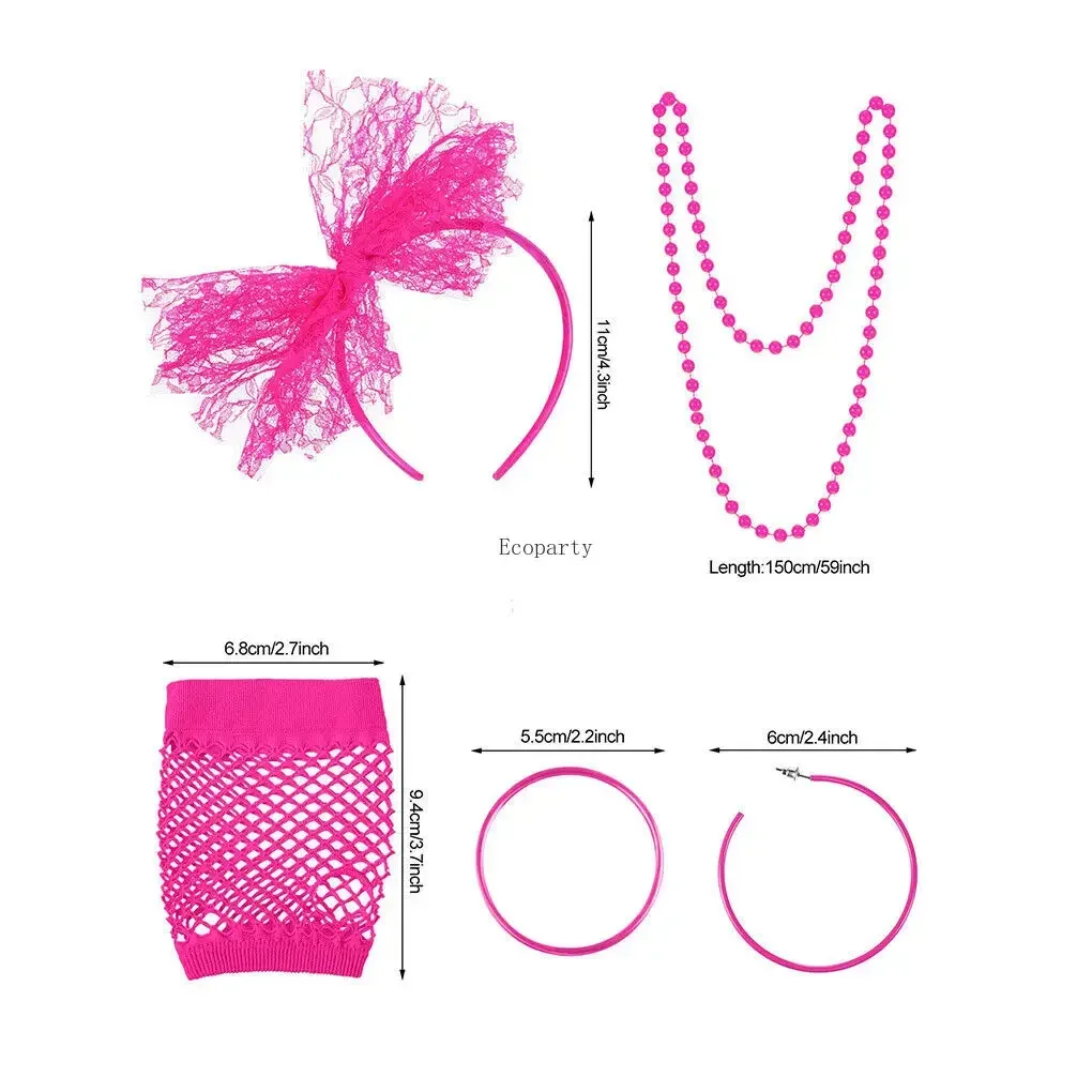 BSR 80s Fancy Dress Costume Accessories Lace Headband Earrings Fishnet Gloves Necklace Bracelet for 80s Retro Party accessories