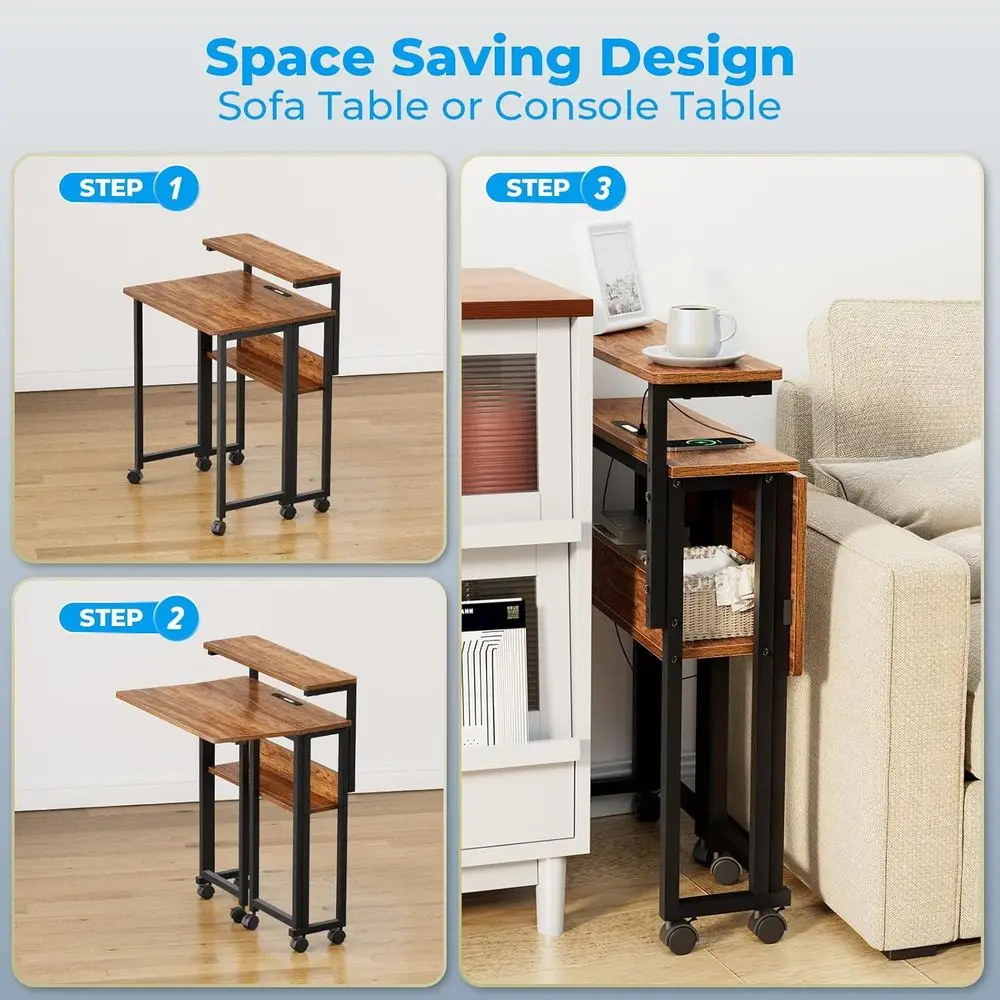 24.8 Adjustable Monitor Stand Desk with Storage, Rolling Walnut Home Office Table, USB Charging