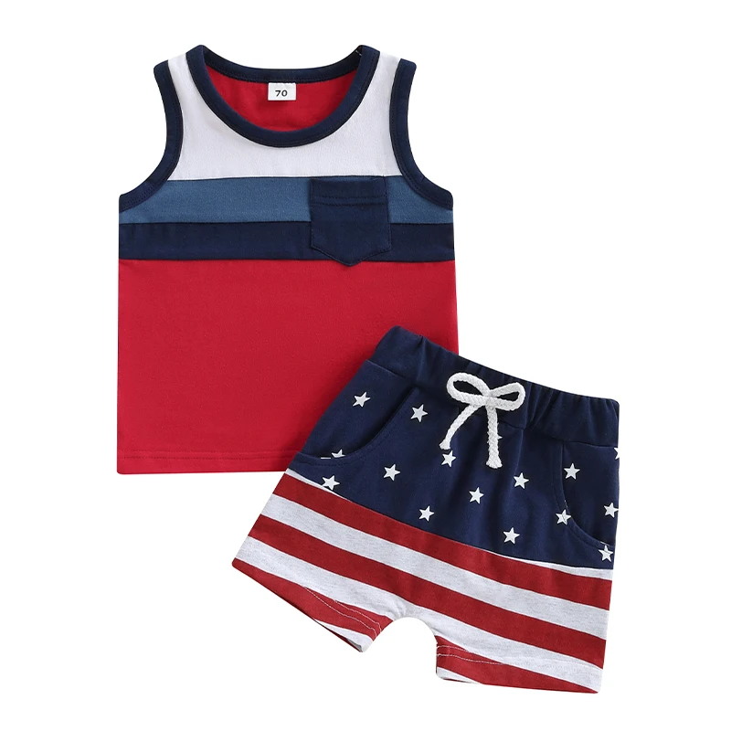 

Toddler Baby Boy 4th of July Outfit Contrast Sleeveless Tank Tops Star Striped Elastic Waist Shorts Summer Clothes 2Pcs Set