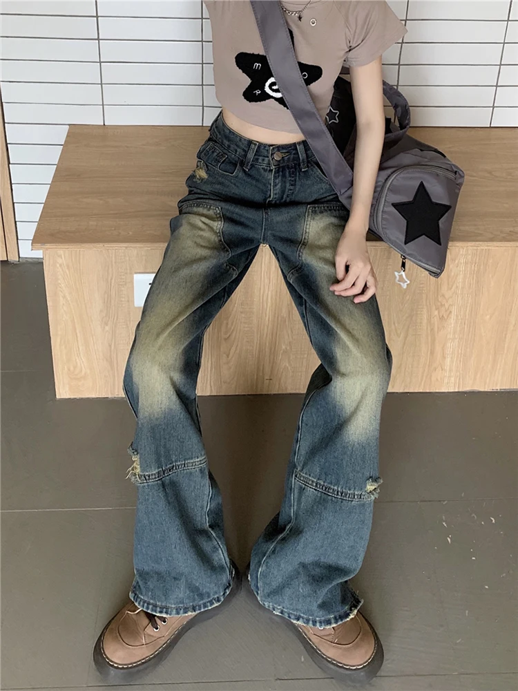 Retro Vintage Worn-out Hole Straight Leg Pants Women's Jeans Summer High Waisted Loose Fitting Wide Leg Pants Floor Length Pants