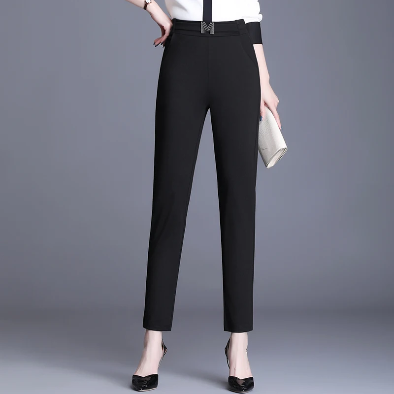 2024 Spring and Autumn Fashion Office Women's Pencil Pants Black M Letter Elastic Waist Pocket Women's Casual Straight Pants