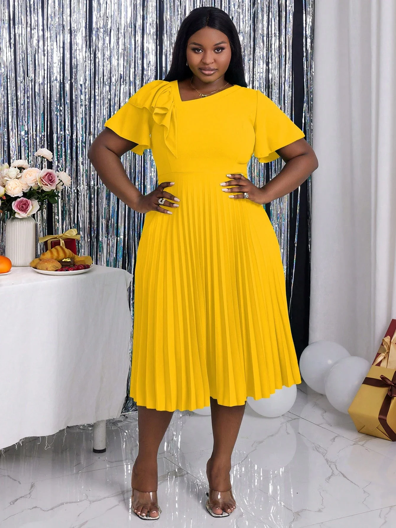 

Plus Size Women Asymmetric Ruffle Sleeve Pleated A-Line Midi Dress For Party Graduation