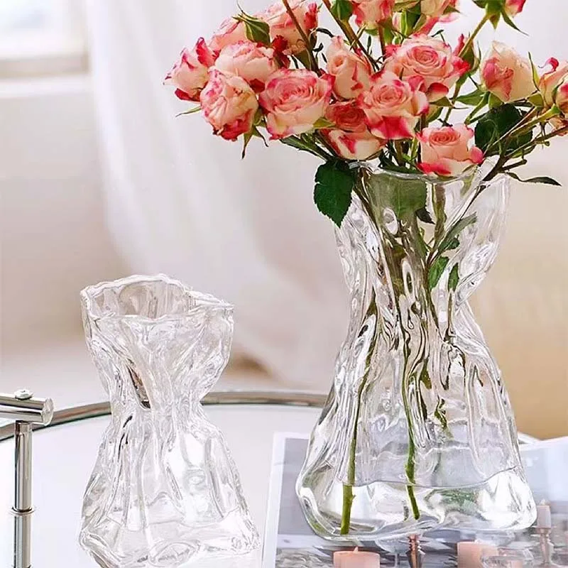 Pleated Purse Shape Transparent Glass Vase Large Caliber Hydroponic Flower Arrangement Desktop Home Decor Ornament