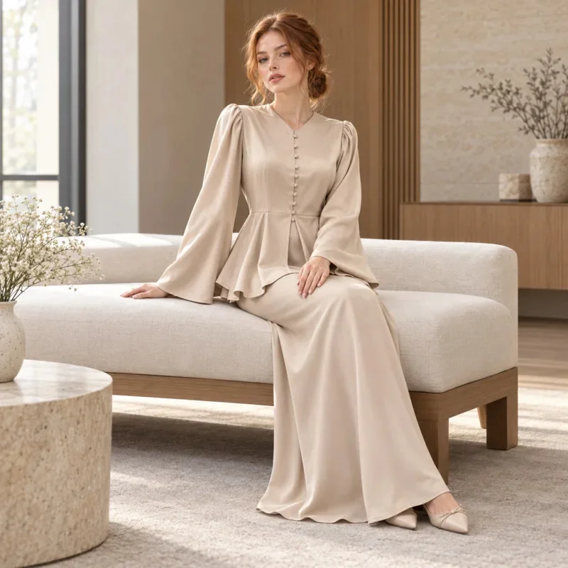 Autumn Women Elegant Two Piece Set Solid Color Cardigan Top Long Maxi Dress Lady Office Work Formal Outfit Fashion Cloth