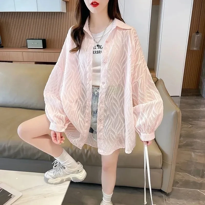 

Lightweight Summer Shawl Collar Shirt Women's Long Sleeve Loose Fit Translucent Floral Embroidery Polyester Blend Sun Pr...