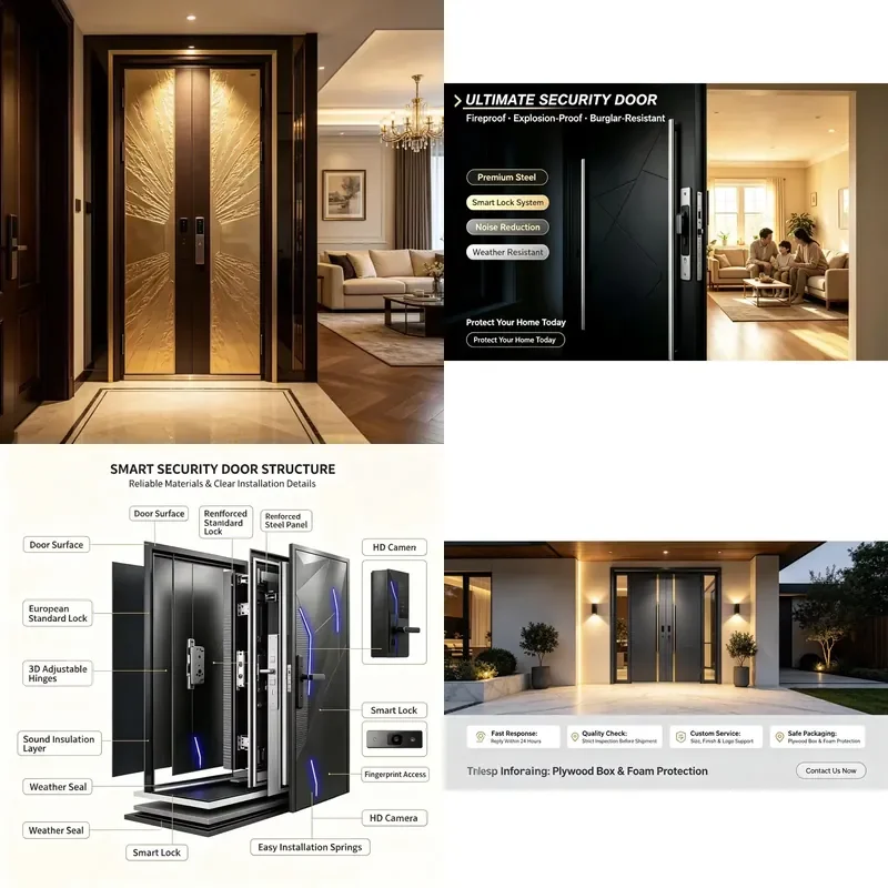 304 Stainless Steel Security Door Anti-Rust Waterproof Exterior Villa Entrance Modern Anti-Theft Metal Front Entry Custom