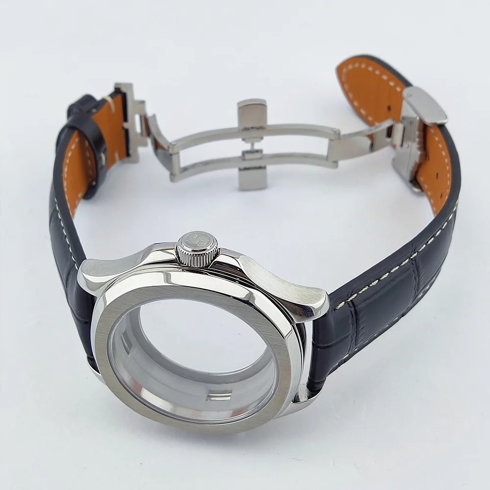 Custodia NH35 custodia impermeabile in vetro zaffiro cinturino in pelle adatta per cassa dell'orologio da 28,5 mm cassa dell'orologio da uomo da 44 mm cassa dell'orologio NH35