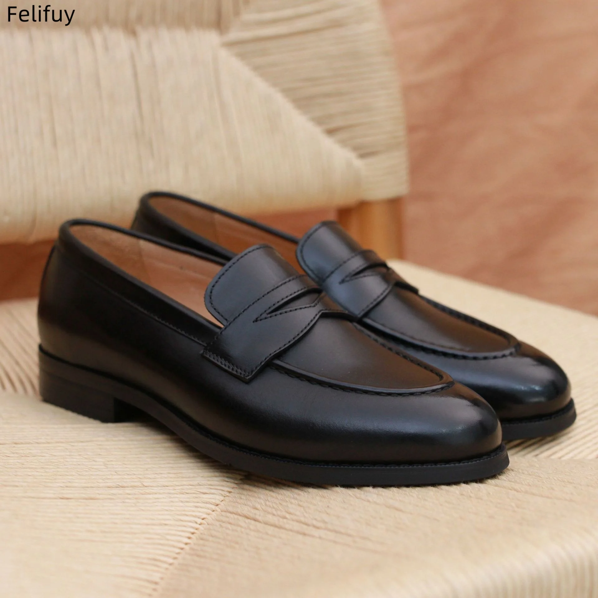 

Black Men's British Genuine Leather Slip-on Loafers Comfort Business Office Formal Dress Shoes Mens Wedding Party Office Flats