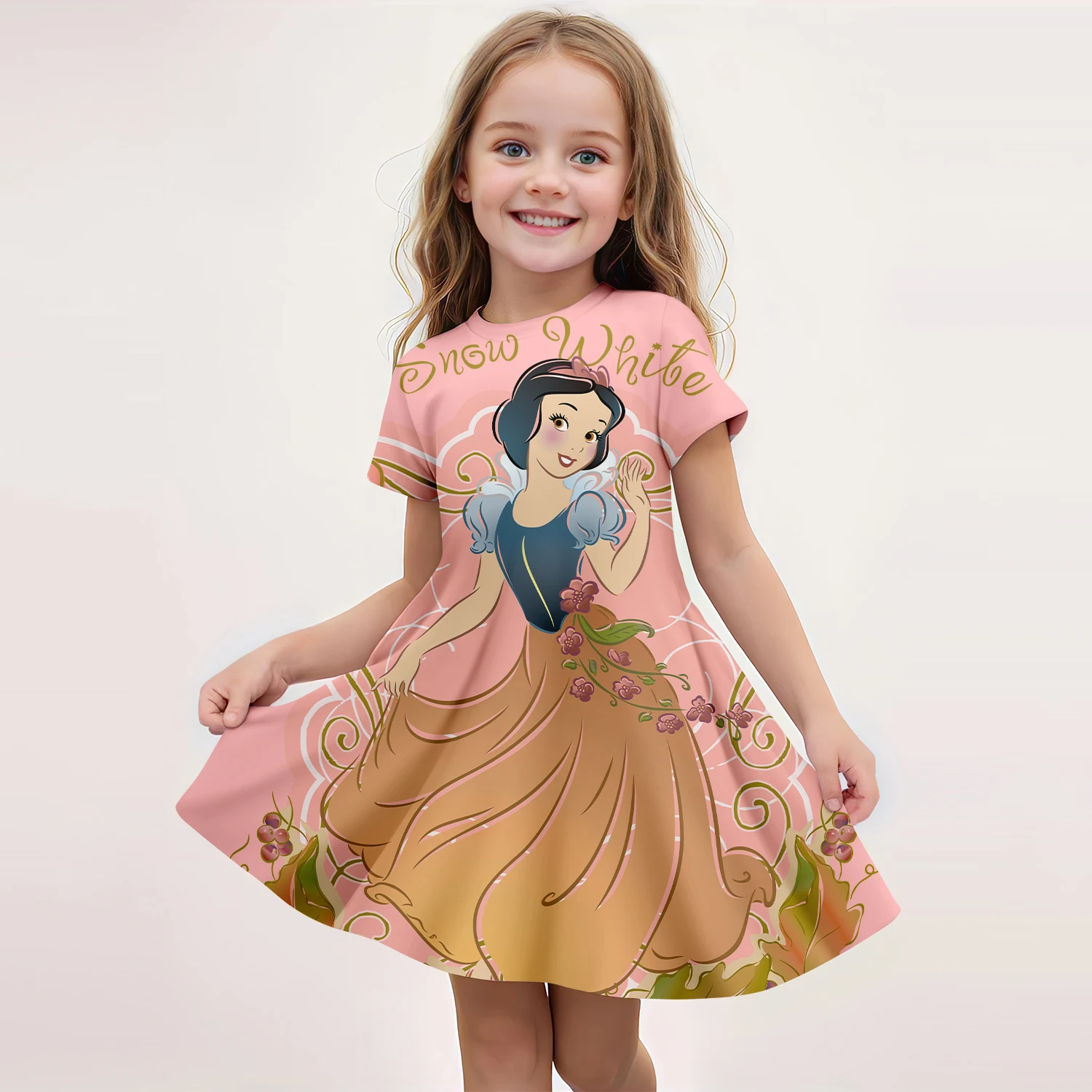 MINISO estate 2024 moda Disney biancaneve vestito a maniche corte principessa stampa 3D carino abbigliamento per bambini moda