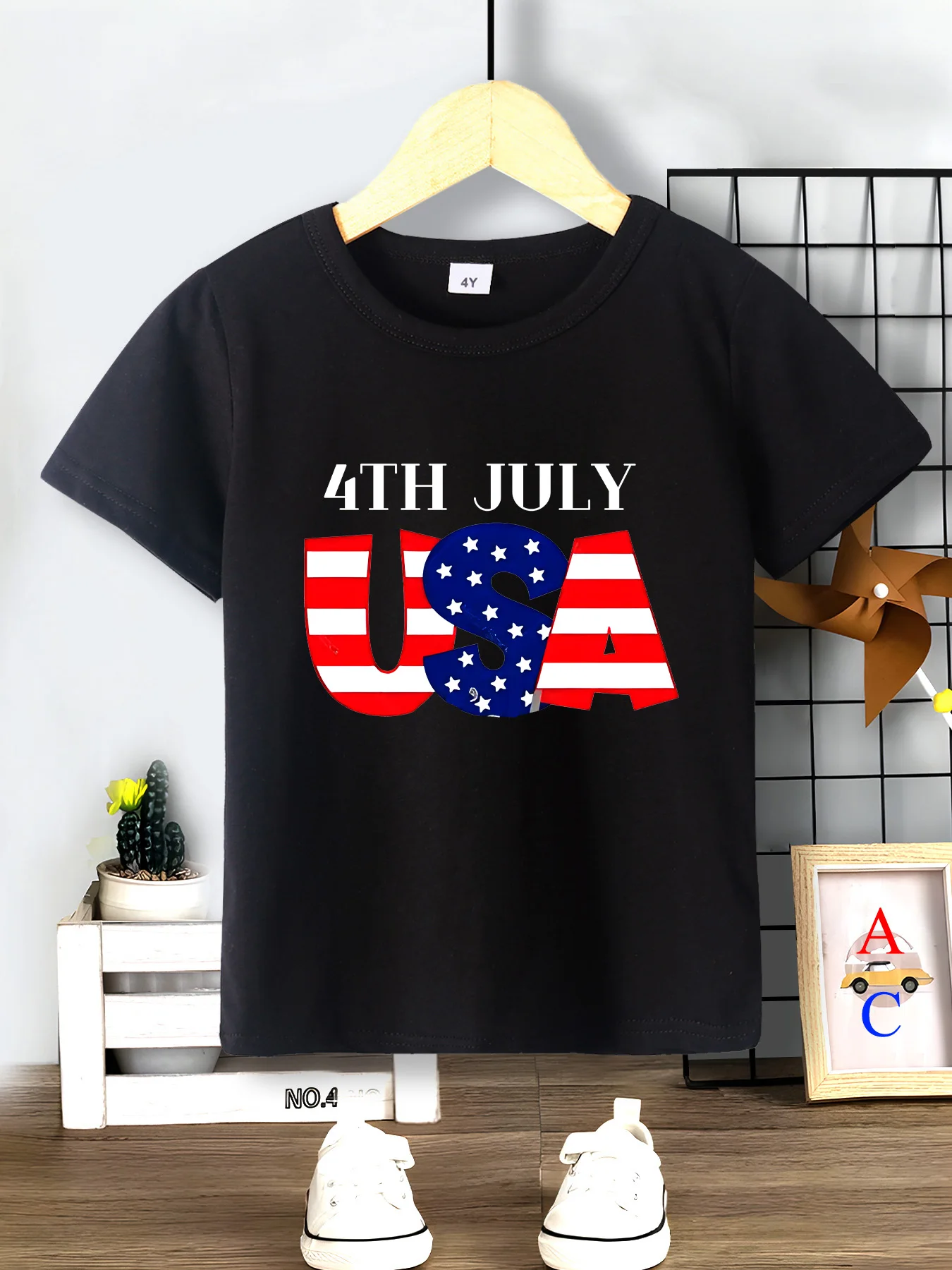 2014 New Summer Independence Day Letter Printed Boys' Short sleeved T-shirt Clothing