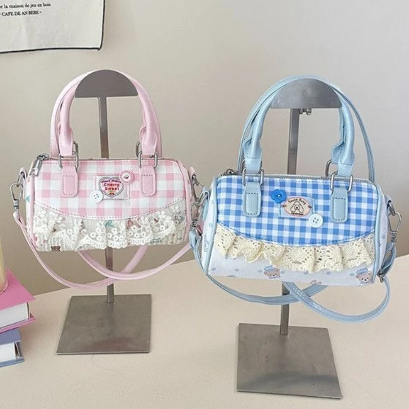 

Cute Japanese Plaid Lace Bow Kawaii Heart Bear PU Leather Handbag Shoulder Bag Crossbody Bags Women's Bag Purse Mini Bags