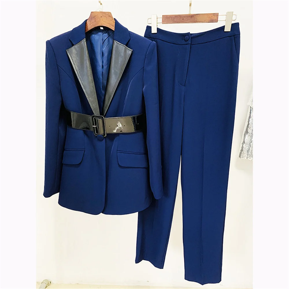 

Women Pant Suits 2023 New Navy Blue Shrug Jacket Belt Blazer Pants Office Lady Business Chic Blazer Trousers Two Piece Set