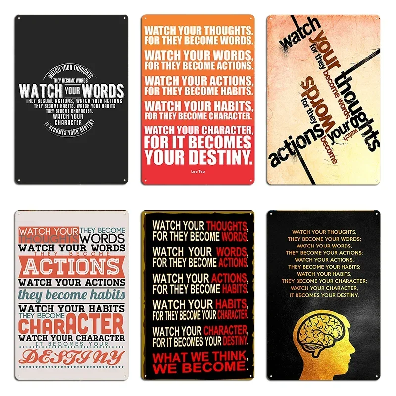 Faites attention à vos pensées, elles deviennent des mots. Réfléchissez à cela. Faites attention à vos pensées, elles deviennent des mots. Affiche en métal imprimée sur le thème du cinéma.