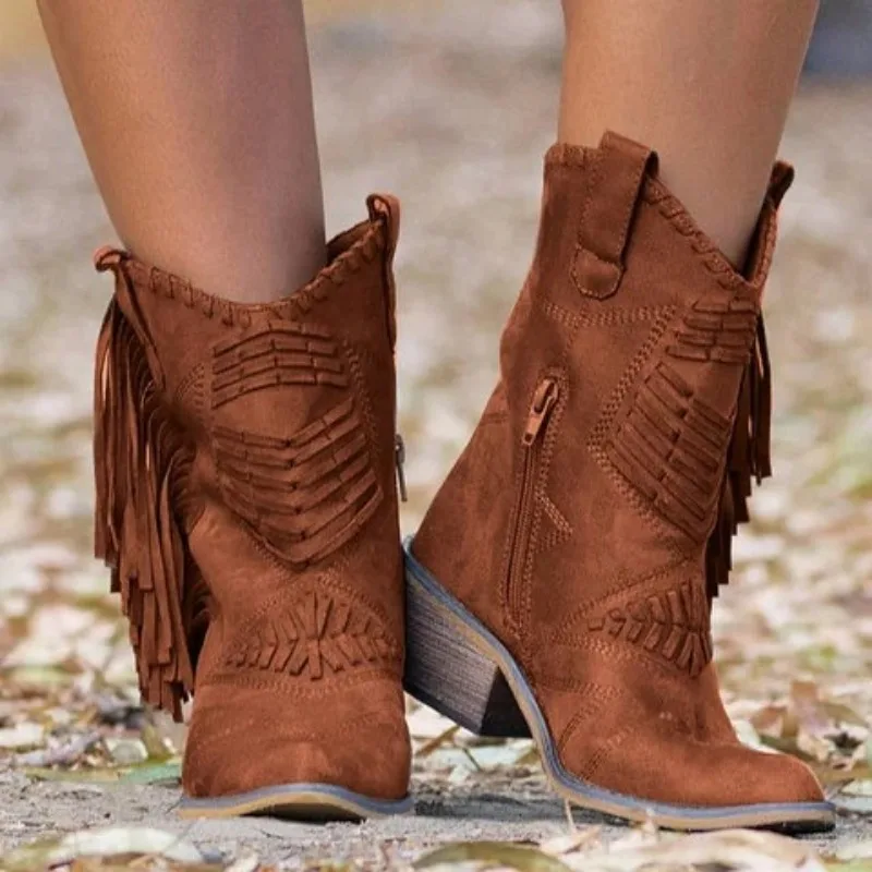 Women New Fashion Tassels Embroider Cowboy Boots Autumn Pu Leather Knee High Boots Woman Pointed Toe Square Heels Western Botas