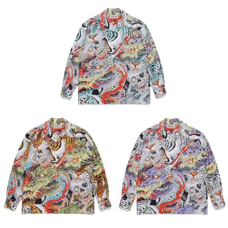Best Quality 1:1 Autumn Winter WACKO MARIA Vintage Print Dragon Skull Mens Womens Hawaii Long Sleeve Shirt