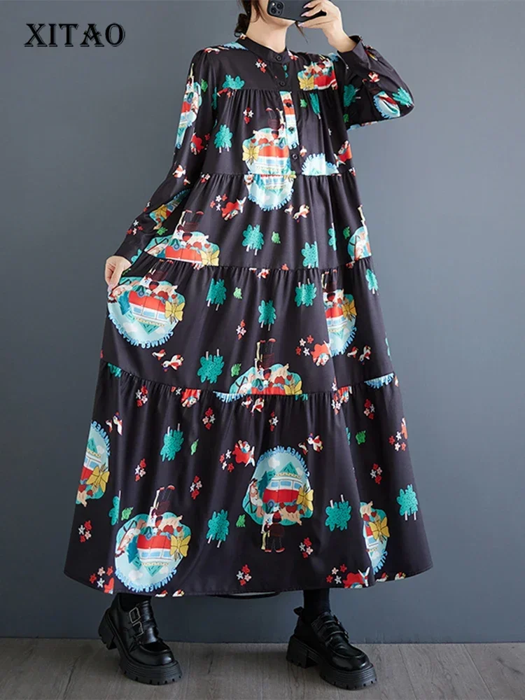 

XITAO Print Casual Women Patchwork Dresses O-neck Pullover Long Sleeve Loose A-line Mid-calf Dress 2025 Spring New GYX1025