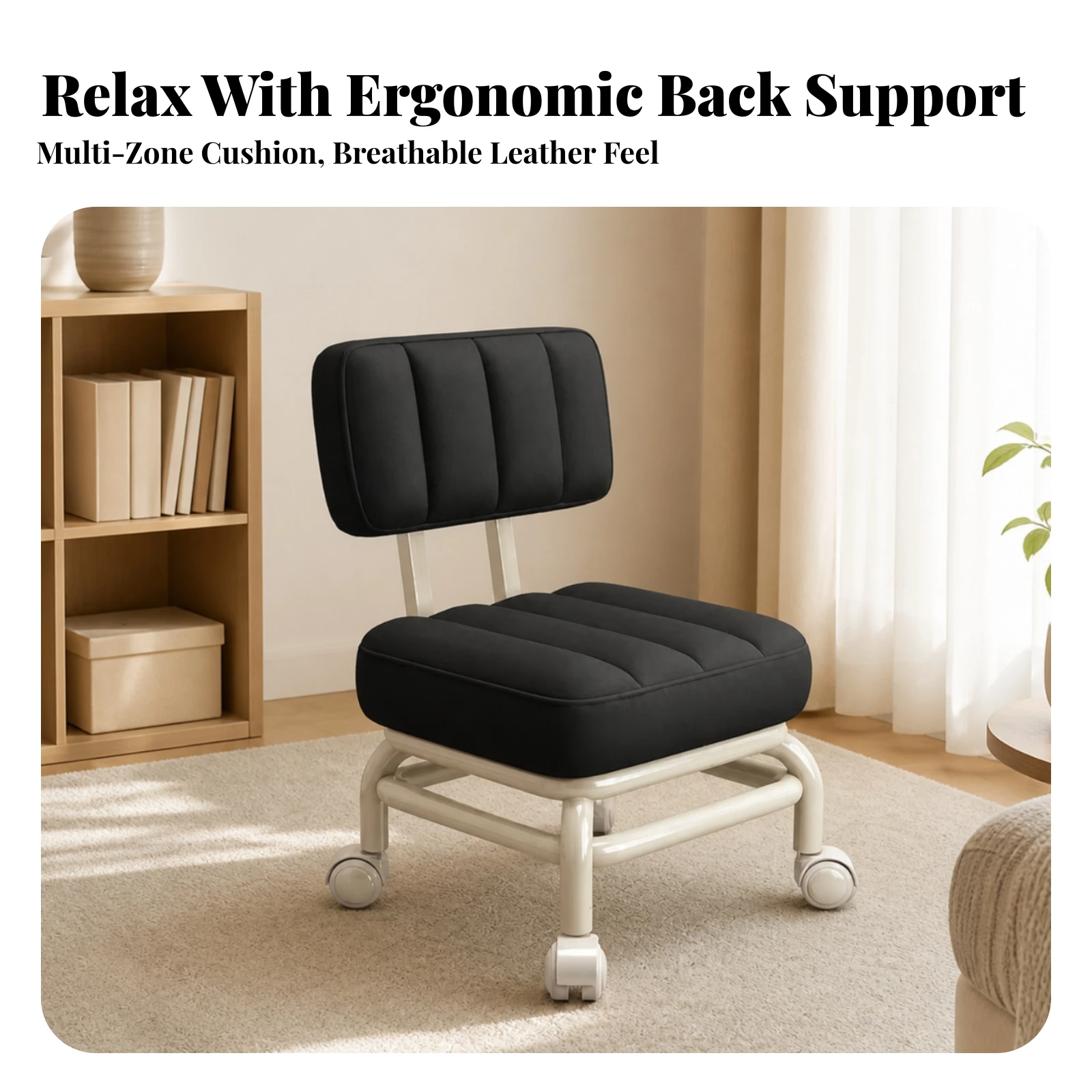 Upholstered Stool Compact Channeled Upholstered Stool with Padded Back Metal Frame Rolling Chair with Casters Easy to Clean